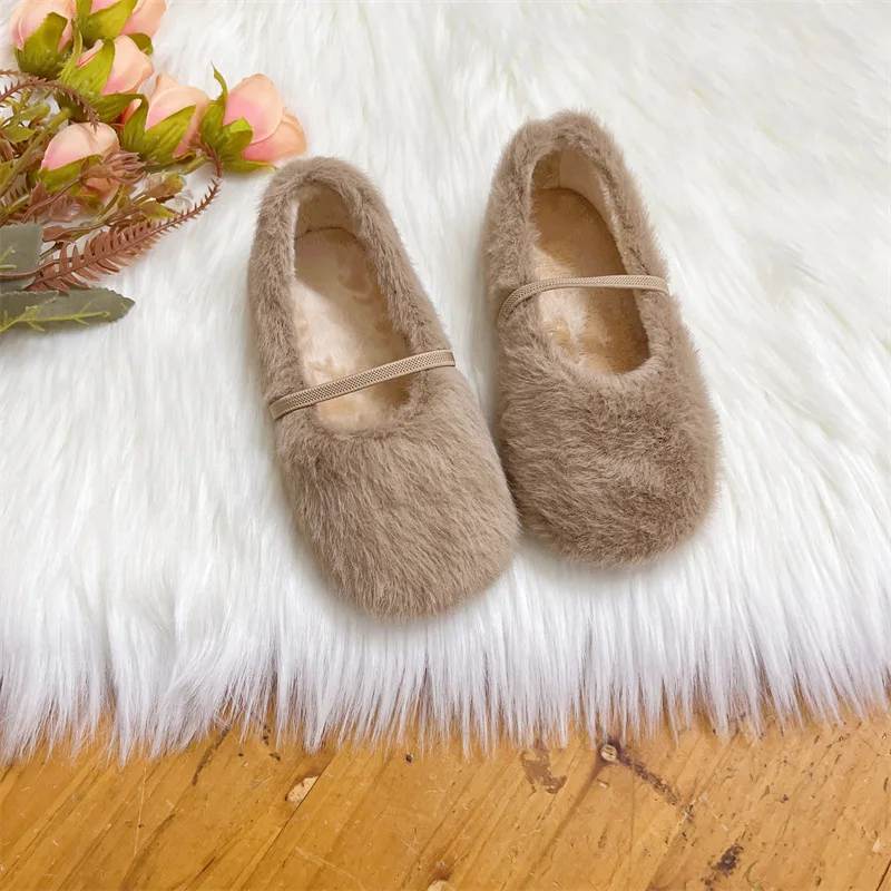 Furry Girls Shoes Soft Sole Comfortable Ballet Flats Elegant Plush Shallow Kids Princess Shoes Versatile Child Mary Janes 여아구두