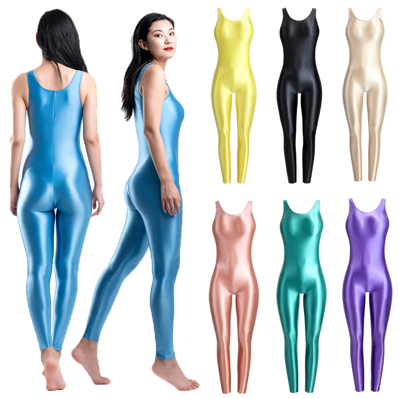 MJINM Damski Kombinezon Jednoczęściowy z Satyny Olejowej Bez Rękawów Body Yoga Elastyczne Rajstopy Cosplay Catsuit Zentai Sportowe Ogrodniczki Rompery