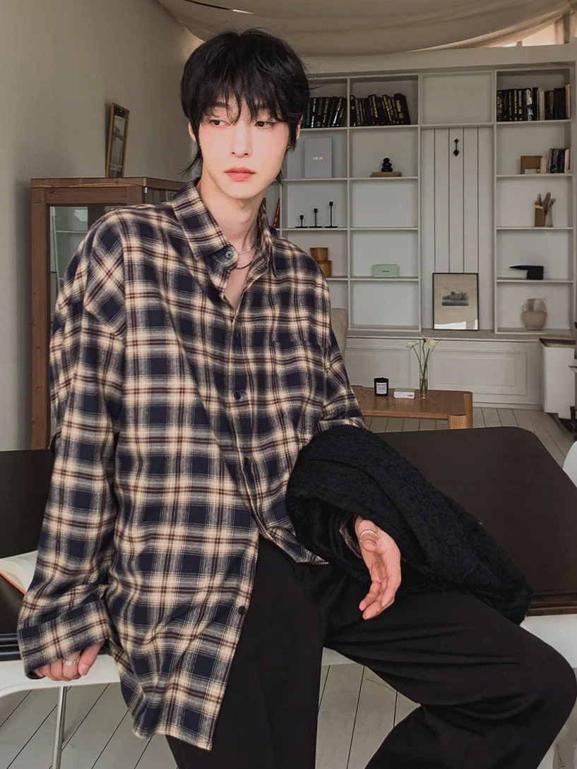 

Мужская клетчатая рубашка с длинным рукавом TANGZ Studio, повседневная, в корейском стиле, свободного кроя, для весны и осени, верхняя одежда из полиэстера