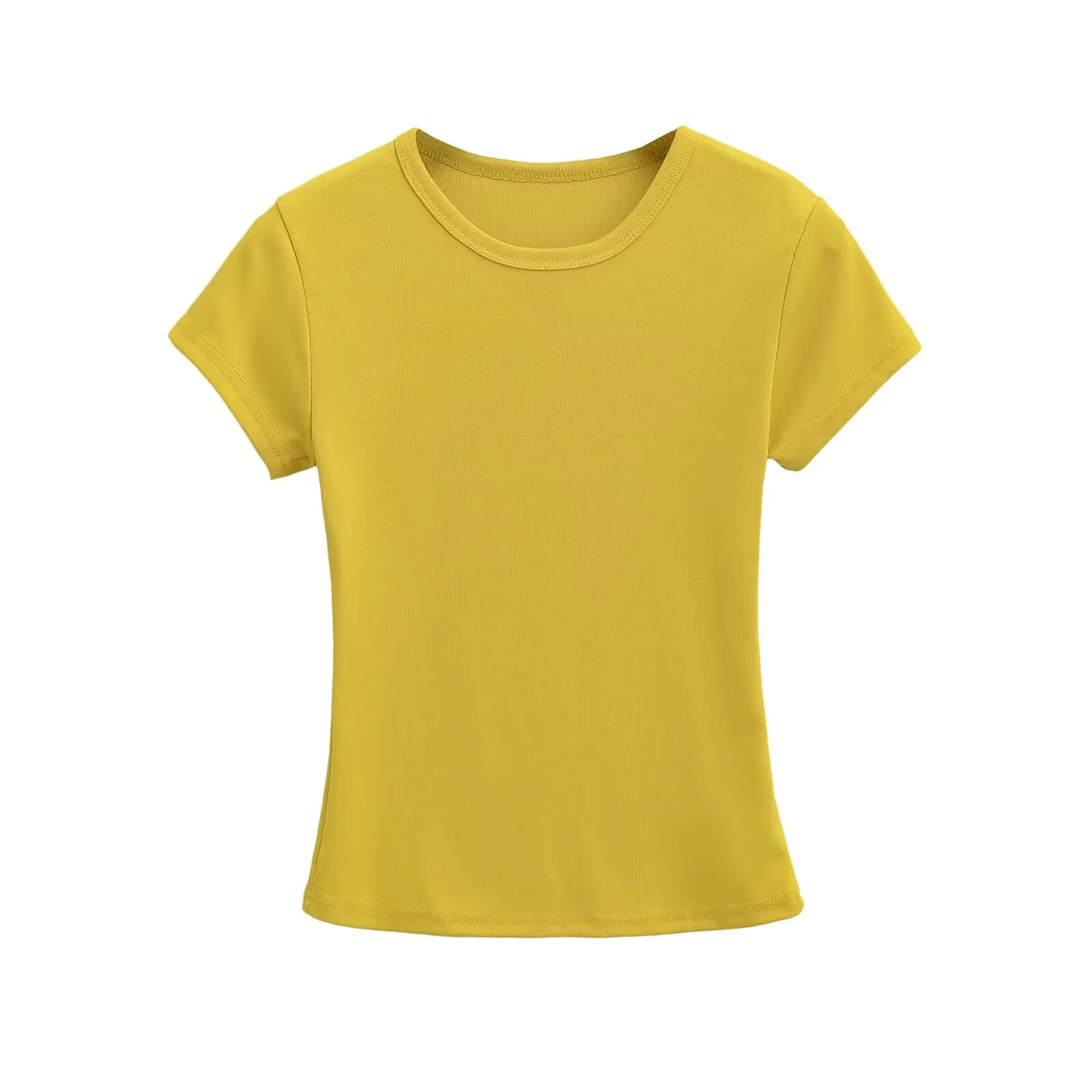 Cseta Fena de Verão Estilo Americano Amarela com Decote Redondo e Manga Curta, Ajuste Slim, Top Base Sexy que Emaece...