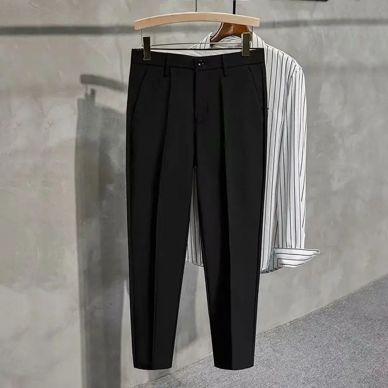 

Black Slim Fit Man 9 Cropped Suits Pants New Anti-wrinkle Vintage Formal Designer Clothes Classic Casual Suit Trousers for Men