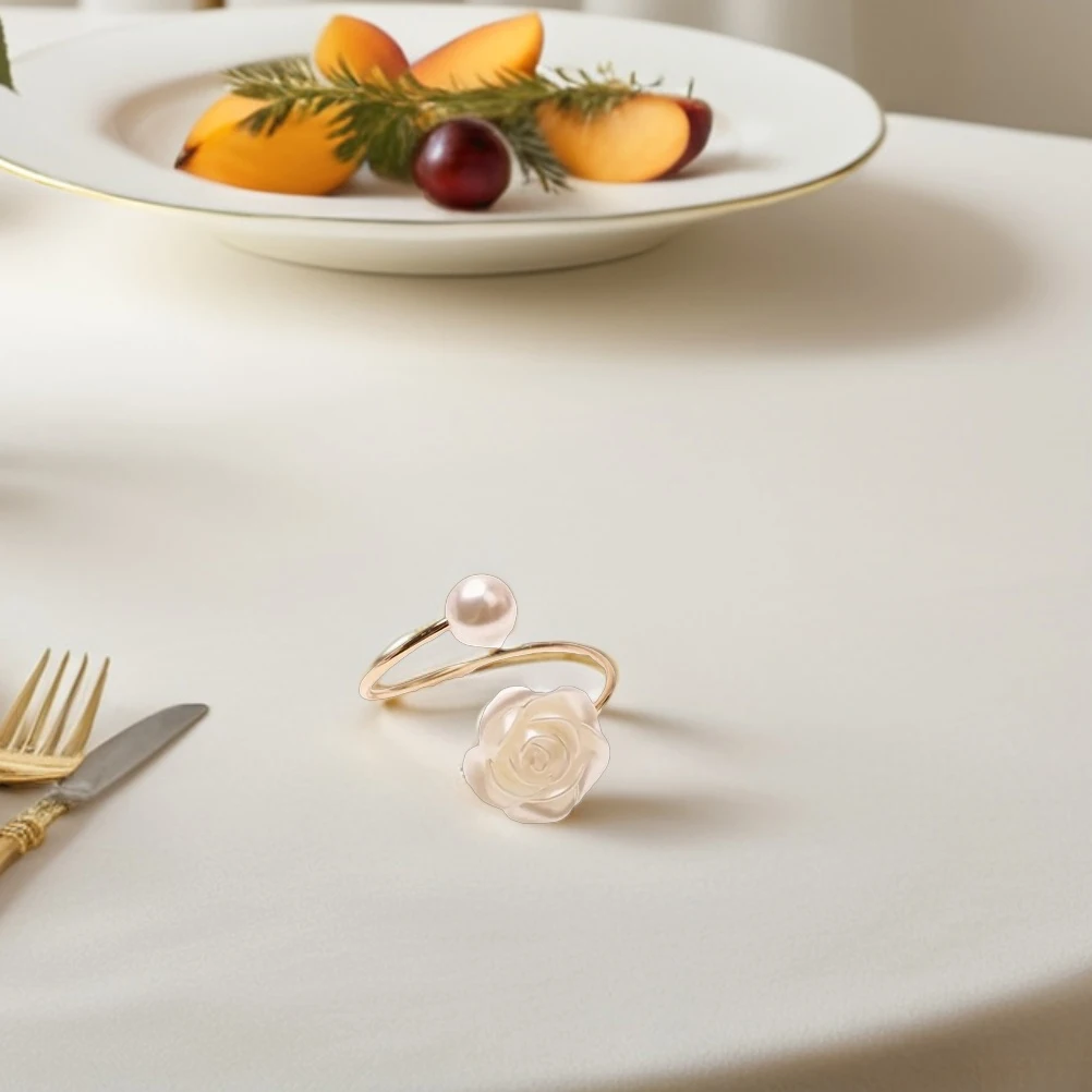 

12Pcs Rose Flower Napkin Rings Artificial Pearl Design for Weddings Parties Holidays Durable Table Setting Accessories