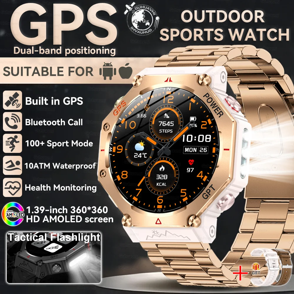 2026 Nieuwe Ingebouwde GPS Outdoor Smartwatch Heren Zaklamp Kompas BT-oproep Hartslagmeter 10ATM Waterdicht Sport Smartwatch 2026