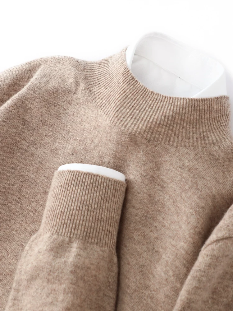 Men Mock-Neck Long Sleeve Cashmere Pullovers 100% Merino Wool Sweater Basic Soft Knitwear Spring Winter Men Clothing Top