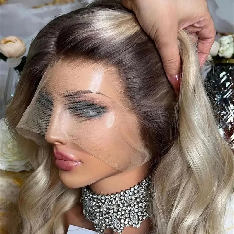 

Glueless Preplucked Hairline Ombre Creamy Blonde Highlights Synthetic Lace Front Wig with Ash Roots Original Factory Cheap Wig