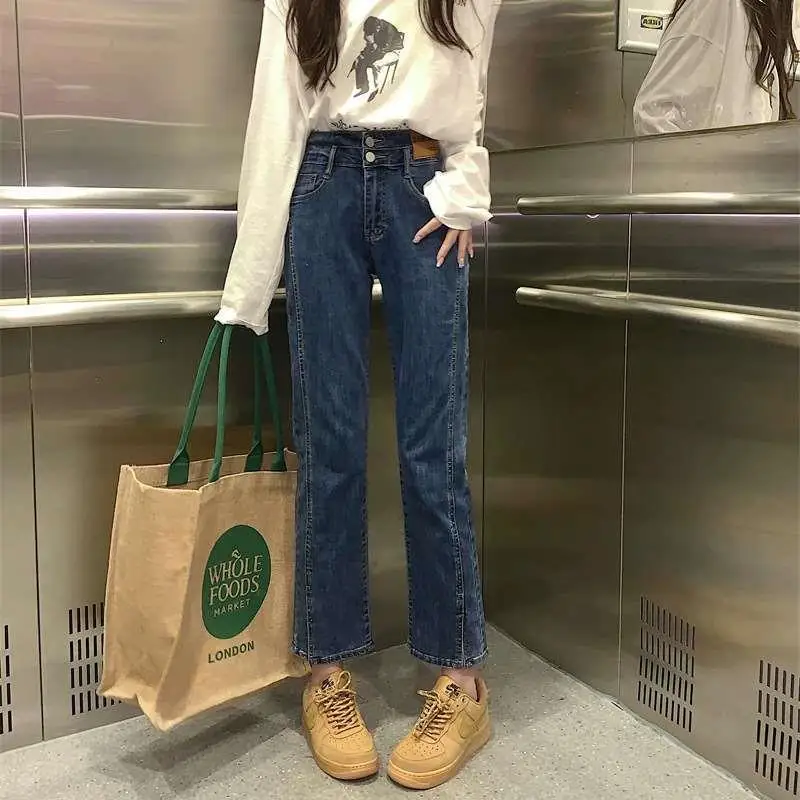 

High Waist Split Straight Jeans for Women Slightly Chubby Slimming Black Nine-Piece Pants Spring Collection