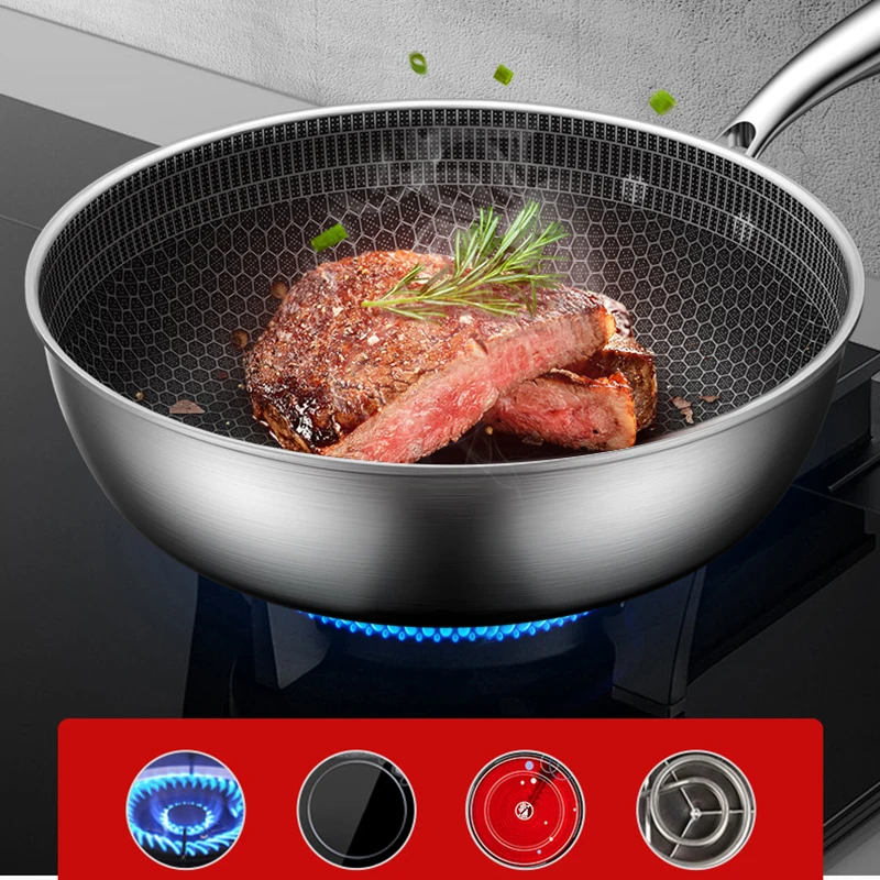 Stainless Steel Durable Nonstick Frying Pan Pancake Egg Steak Cooking Pots Saucepan Gas Induction Cooker Kitchen Wok Cookware