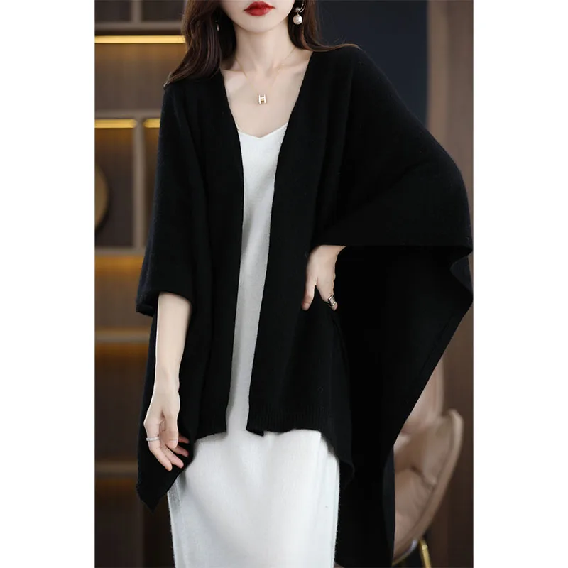 New high-end cashmere cape cape ladies oversized cardigan cape scarf oversized sweater solid color loose knitted 100% wool cape