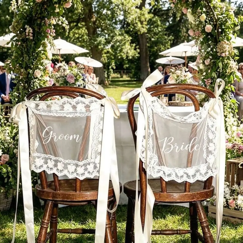 2PCS French Romantic Wedding Chair Back Lace Cover Creative Reusable Strap Chair Cover Multi Purpose Wedding Chair Decoration
