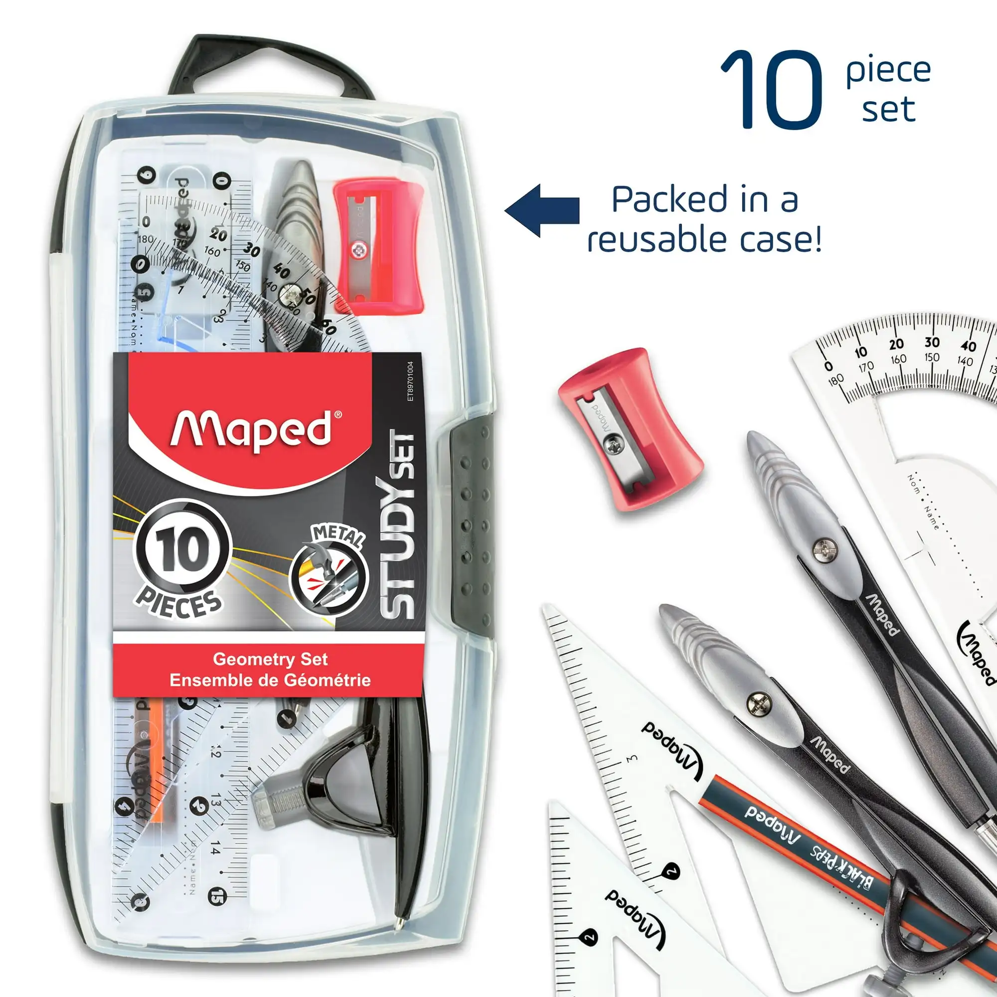 Maped Study Geometry 10 Piece Set with Metal Compasses & Measuring Tools