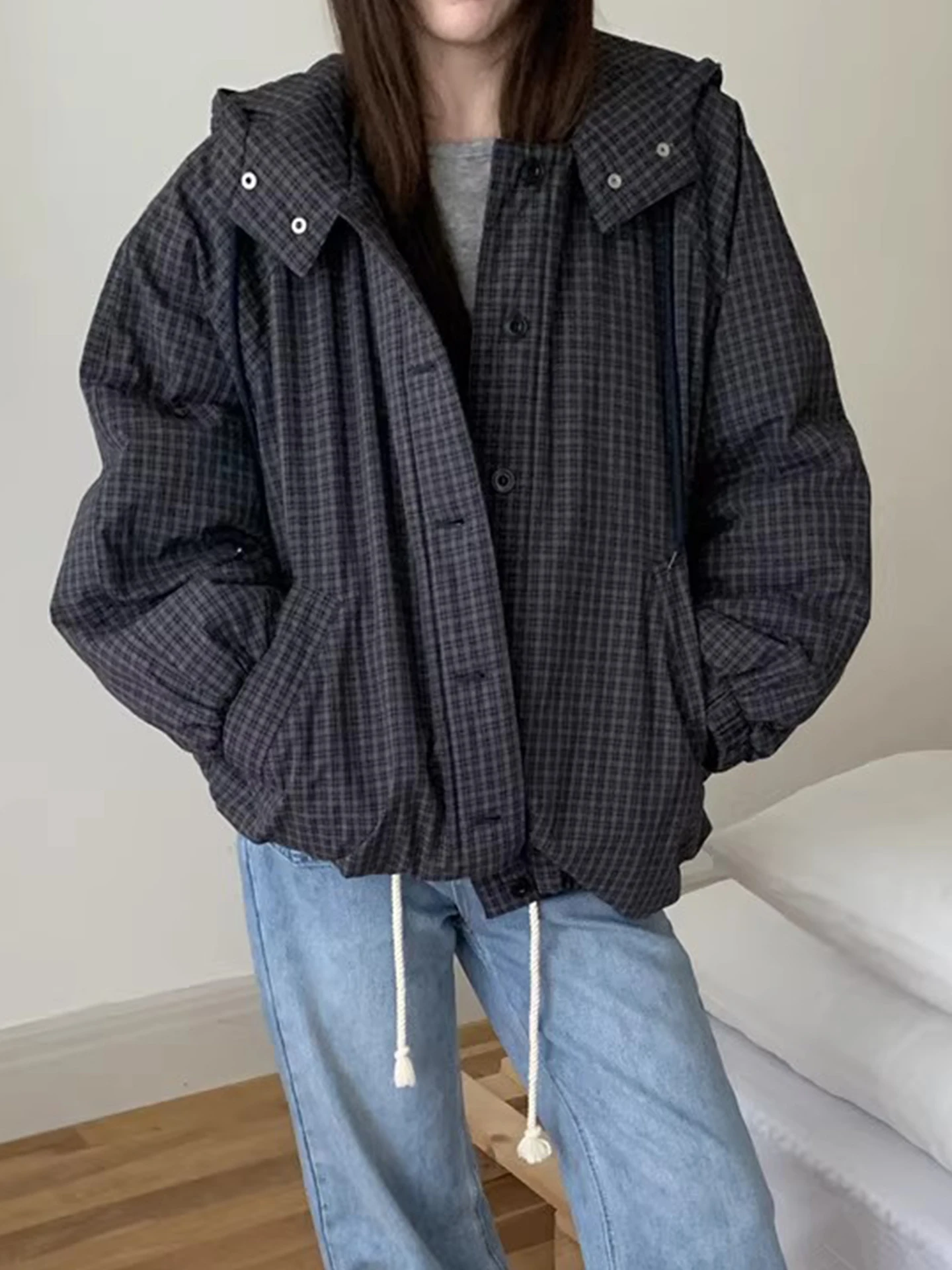 

Retro Classic Plaid Hooded Cotton Jaet Women's Casual Single Button Color Blo Winter New Sle Korean Loose Fit Coat