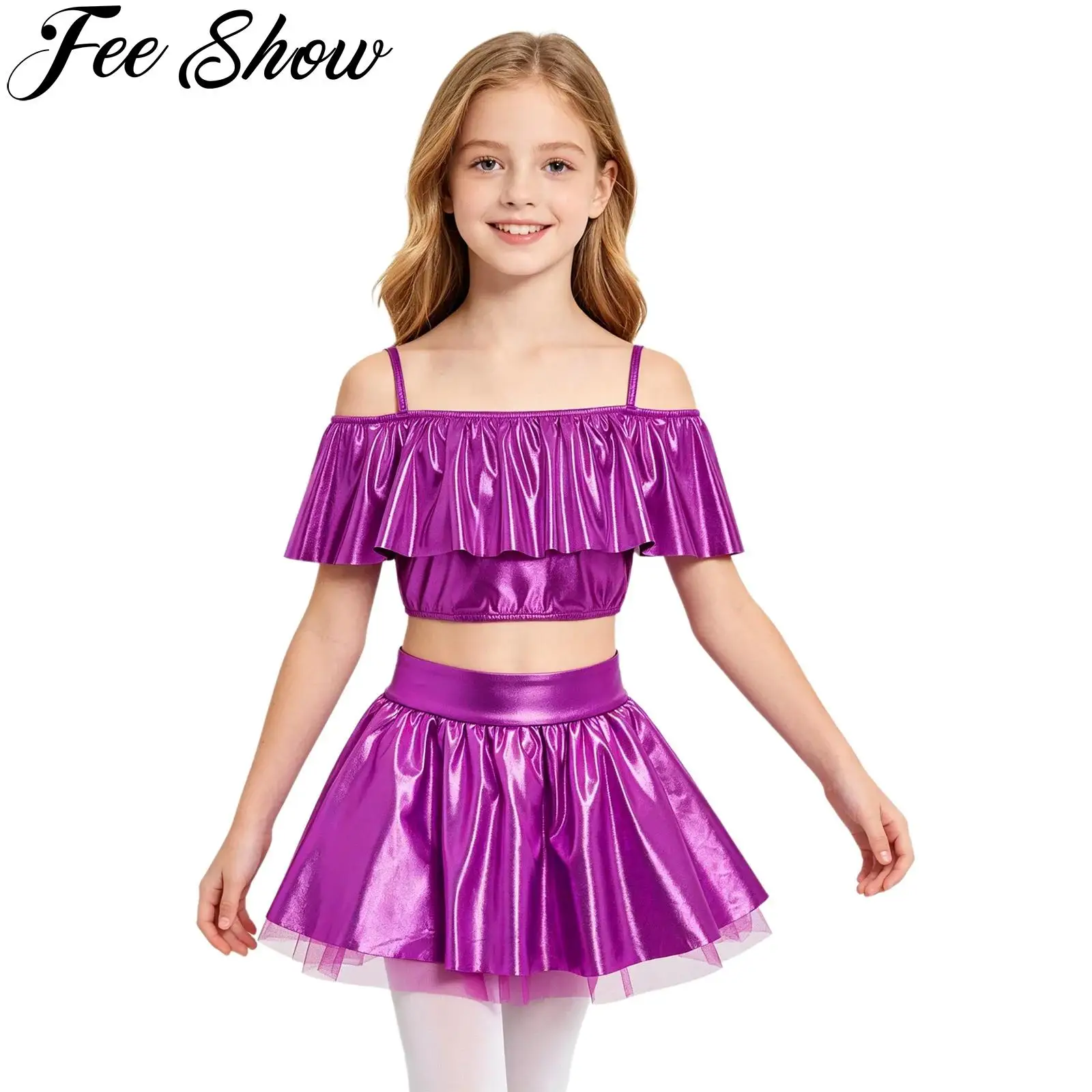 Kids Girls Metallic Shiny Hip Hop Jazz Dance Outfit Spaghetti Straps Ruffles Crop Top with Skirt School Cheerleading Dancewear