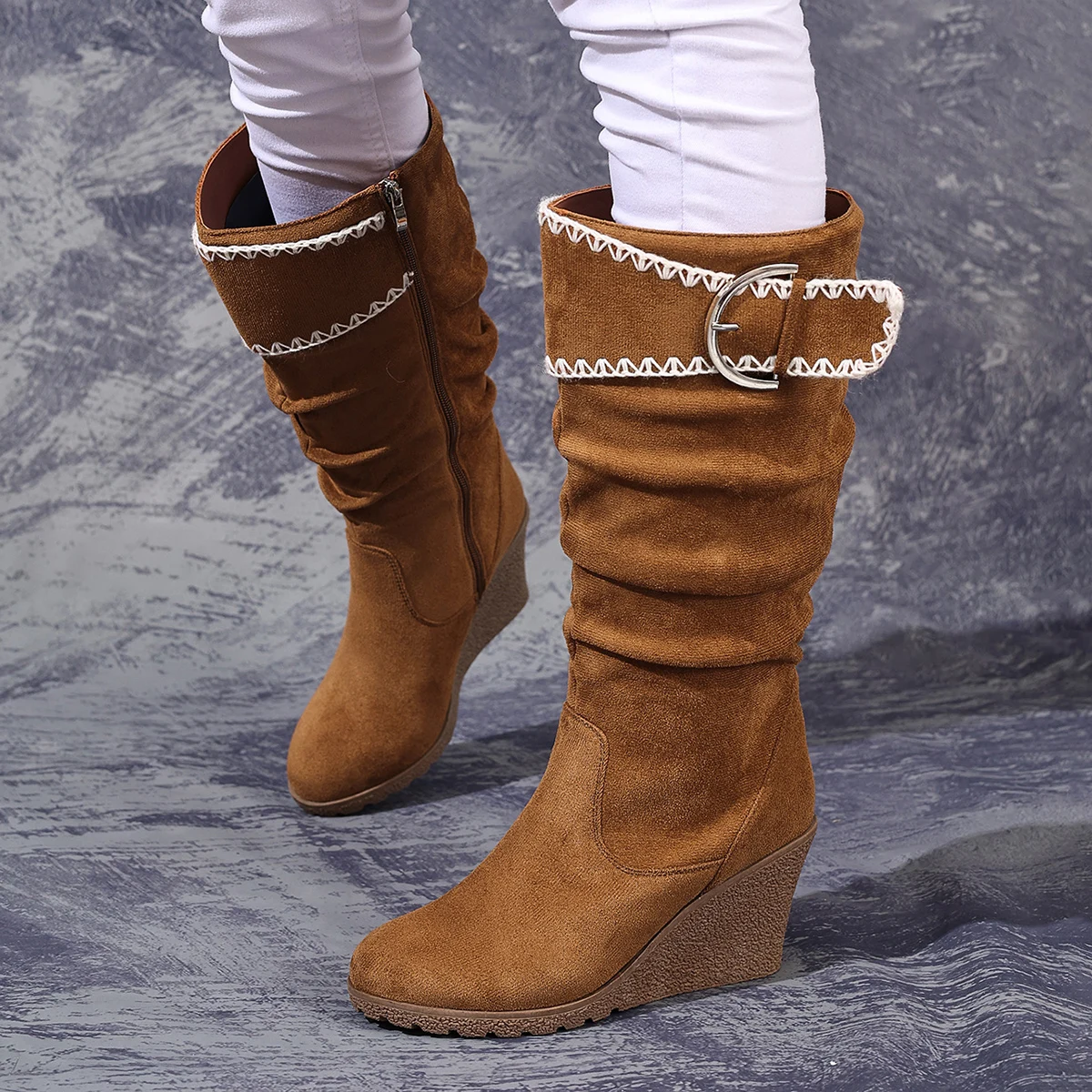 حذاء نسائي أنيق ومريح بإبزيم، دانتيل بيج، عريض عالي الجودة #6