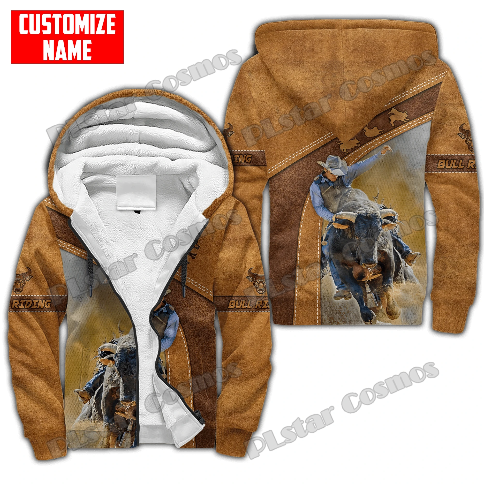 

Personalized Name Bull Riding 3D Printed Fleece Zipper Hoodies For Men Women Winter Warm Double Plus Velvet Casual Jacket JR12