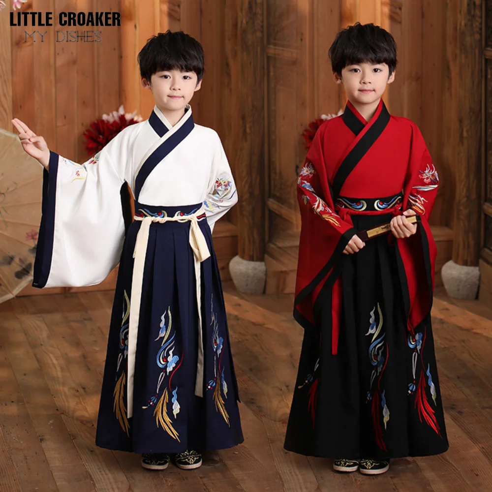 Halloween Chinese Children Team Dance Costumes for Boys Traditional Kids Autumn Hanfu Tang Suit Stage Performance Kimono Skirts