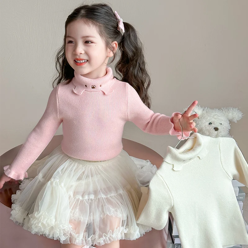 

Baby Girls Knitted Sweater Cute Knitted Bottoms Kids Winter Clothes High Neck Inside Sweaters Turtleneck Top Pullovers Cotton