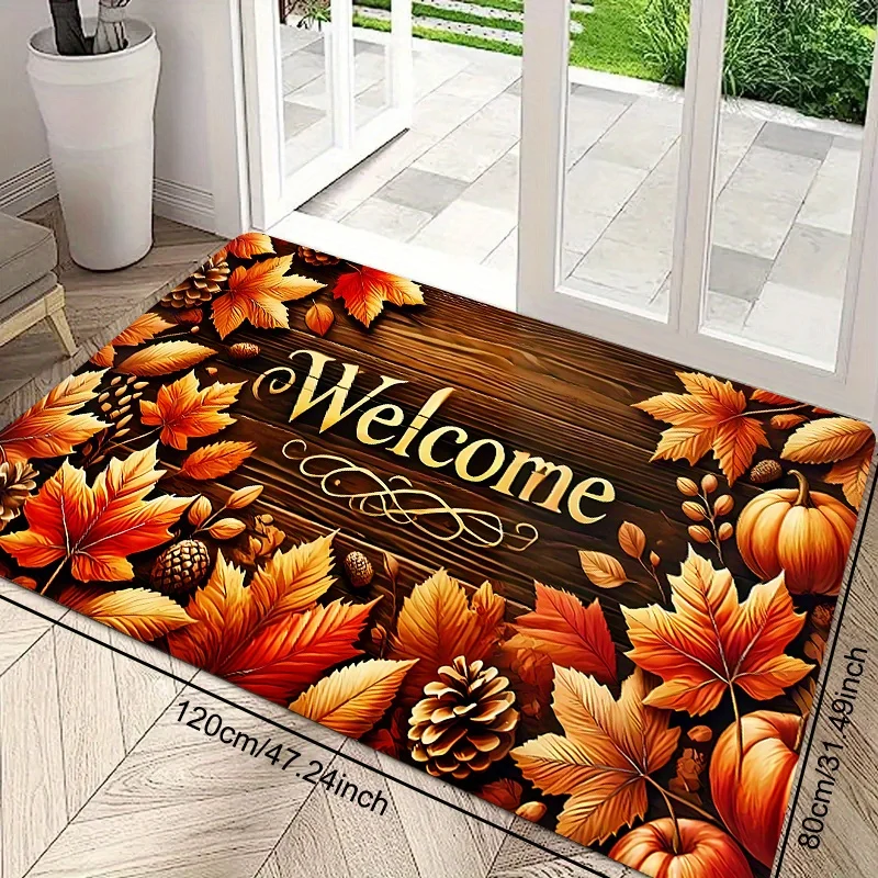 Single Piece Entryway Mat, Autumn Maple Leaf Design Welcome Monogram Rug, Durable Non-Slip Polyester Foot Mats for Indoor And