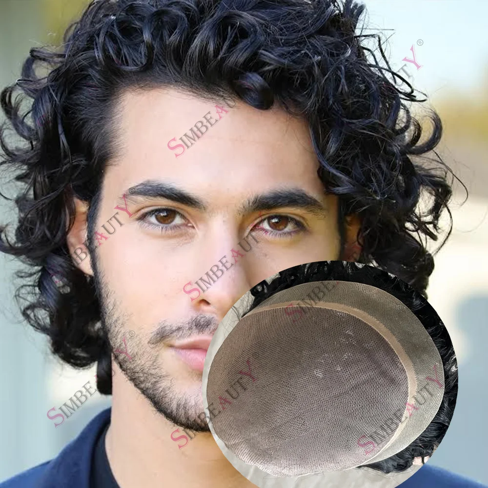 

28mm Curly Men's Wigs Black Human Hair System Breathable MONO PU Base Toupee 24mm Super Durable 100% Human Hair Units for Men