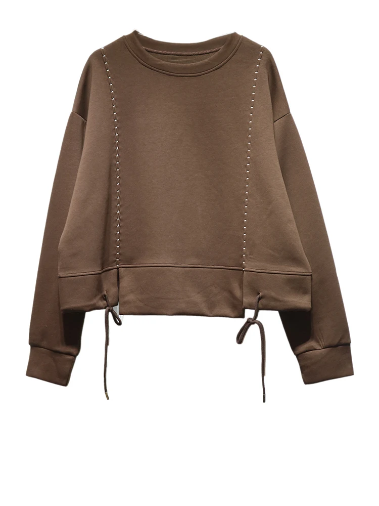 [EAM] Black Topstitched Big Size Casual Sweatshirt New Round Neck Long Sleeve Women Fashion Tide Spring Autumn 2026 1DK0315
