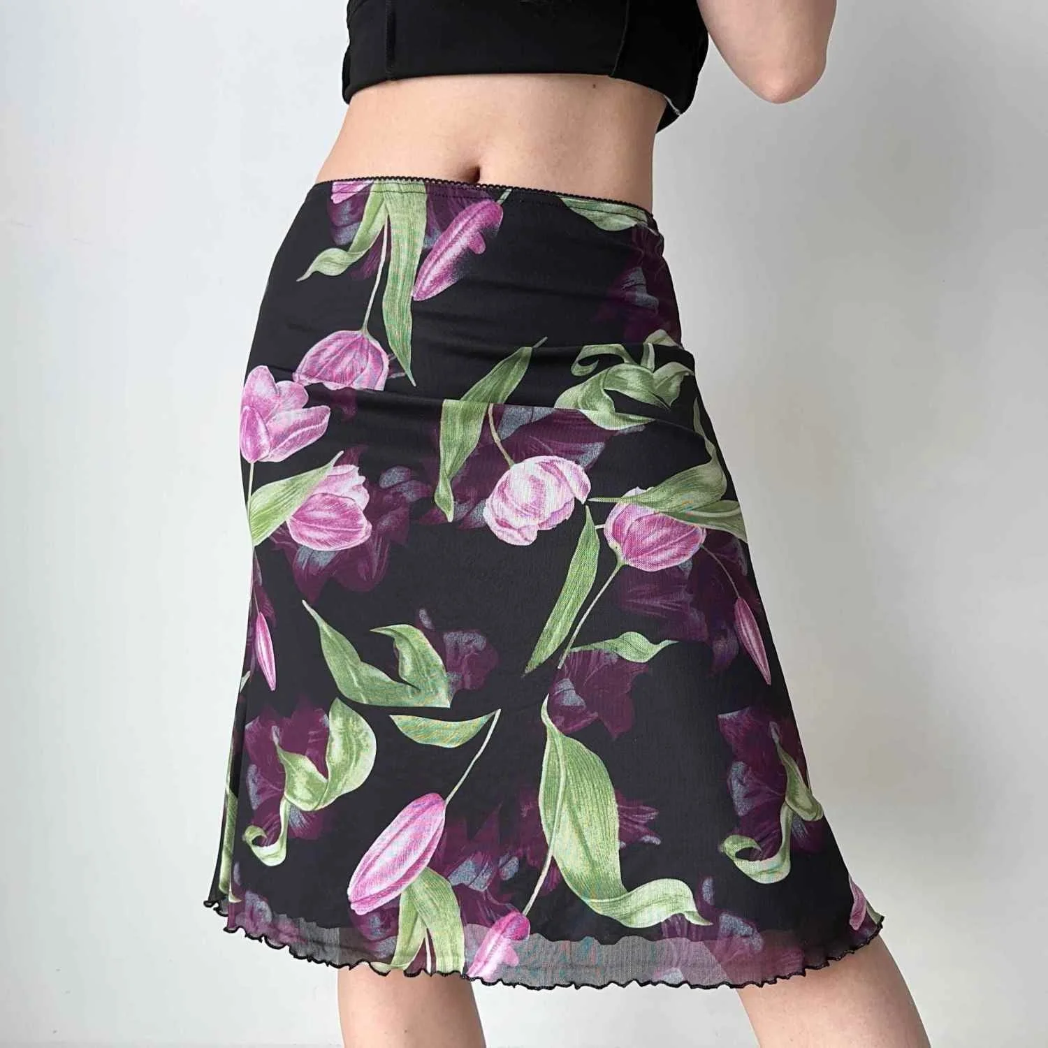 Ruffled Wave Hem, Stretchy Lightweight Fabric for Spring Summer Women's Black Tulip Print Midi Skirt - Pink Floral Pattern