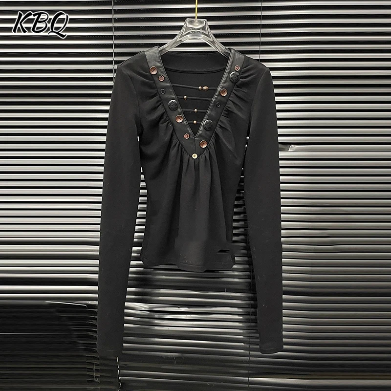 

KBQ однотонная футболка ручной работы с украшением на пуговицах для женщин, темпераментные топы с v-образным вырезом и длинными рукавами, женская мода, новинка зимы