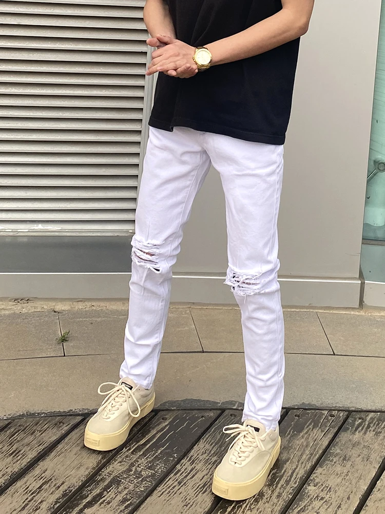

Fall Season High Street Trendy Casual White Ripped Men's Straight Leg Jeans Elastic Slim Fit Pants Youth ular Cotton Stret...