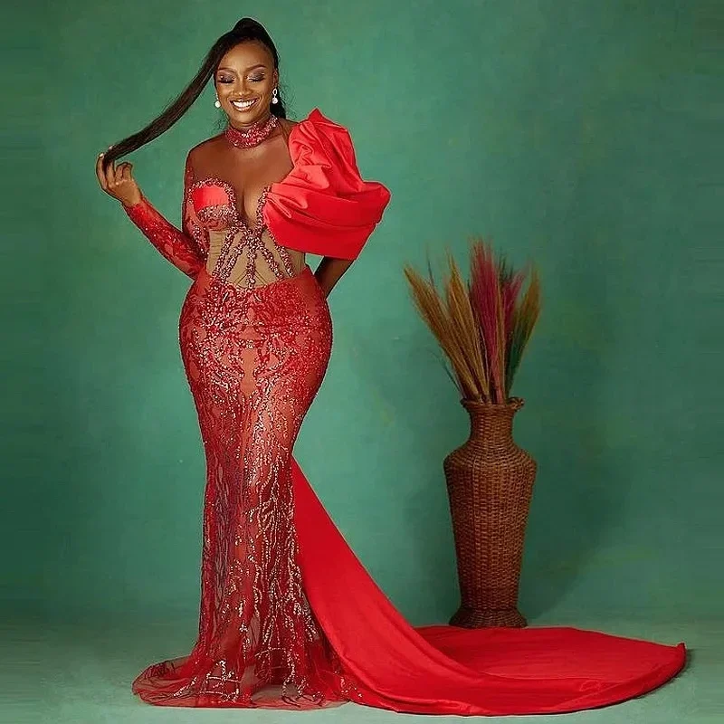 

Red Prom Gowns Mermaid Lace Up Applique Formal Dress with Sleeve vestidos de noche Aso Ebi Evening Dresses Sequin Beaded