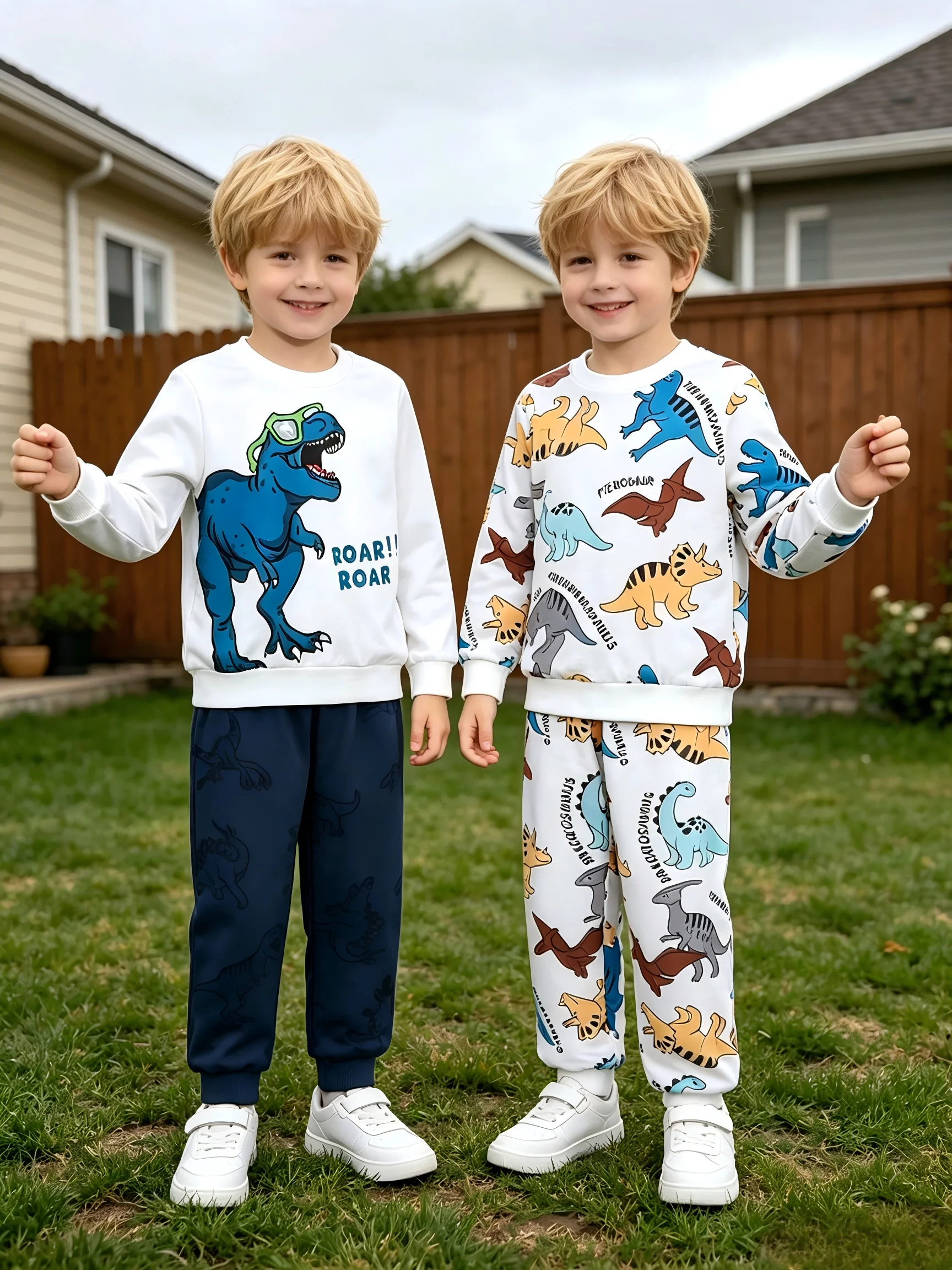4PCS Boys Spring Autumn Long Sleeve Top Comfortable Dinosaur Patterned Pants Set Stylish Handsome Kids Clothing