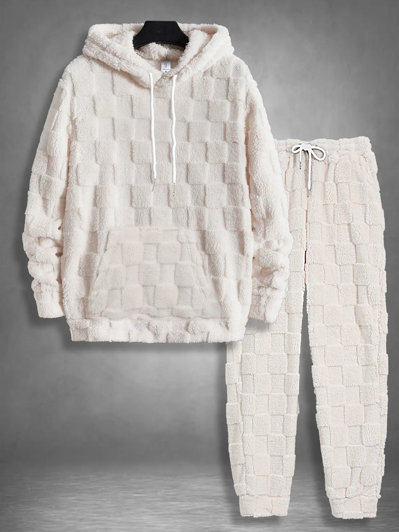 

Men's Off-White Grid Fleece Hoodie & Jogger Set Autumn Winter Thick Warm Loungewear 2 Piece Outfit