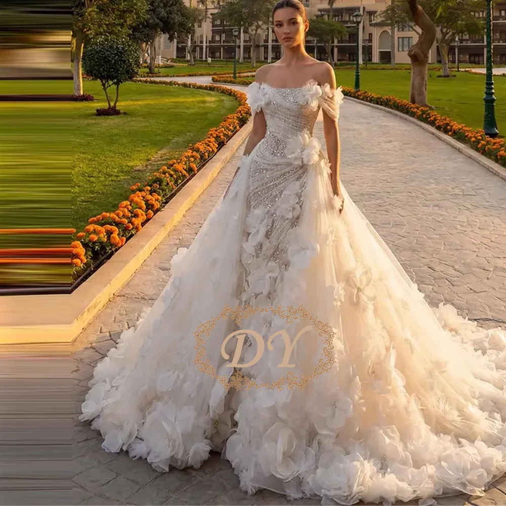 

DY Simple Off The Shoulder Beaded Mermaid Wedding Dress Elegant Appliques Pearls Bridal Gown Sweep Train Bride Dresses Customiz