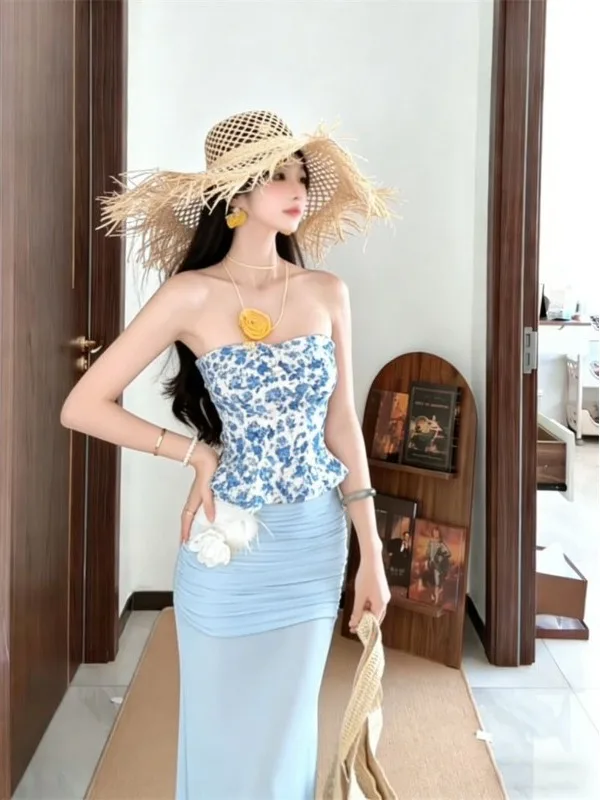 

Summer 2026 Floral Print Halter Vest And Mesh Skirt Two-Piece Set Women's High Waist Bikini Style Fashionable Beach Vacation ...