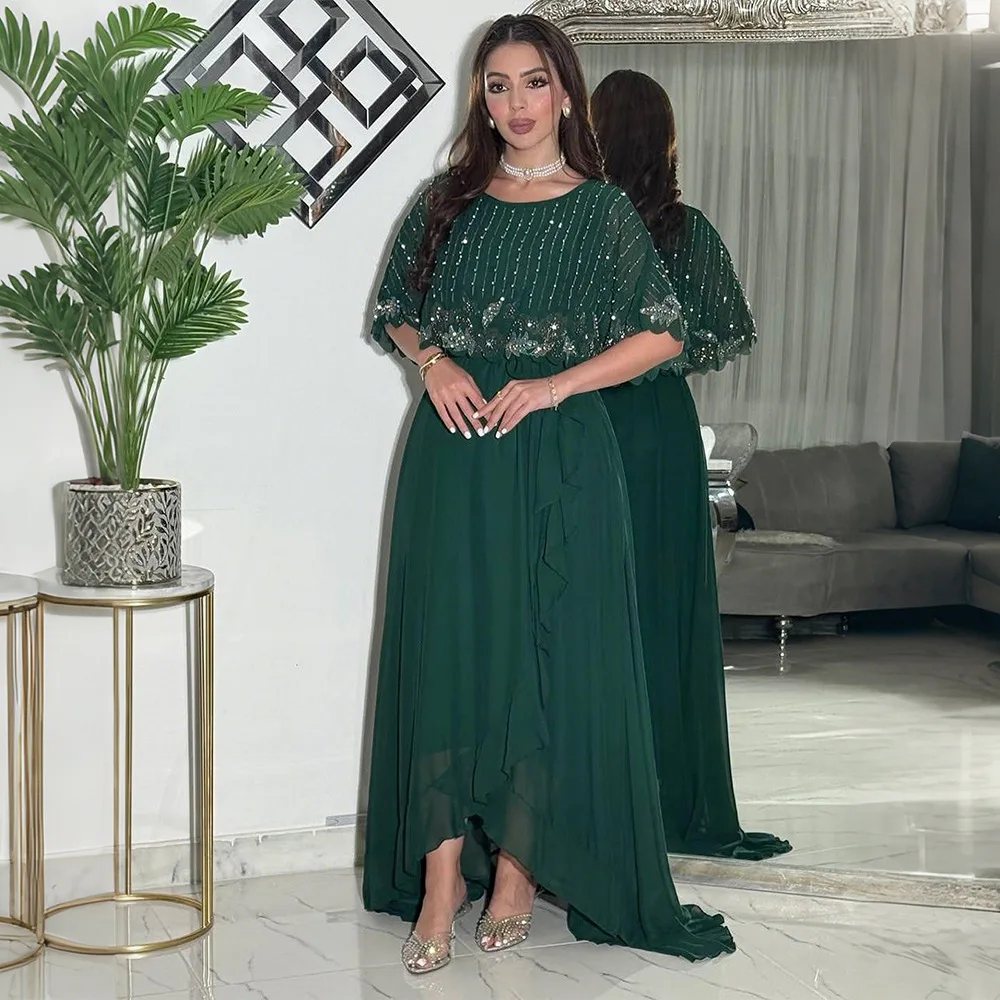 

Xqy500473 Chiffon Dress With Rhinestone Embellishments, Burnout Pattern, Round Neck, Fashionable Belted Dress Islam Elegant