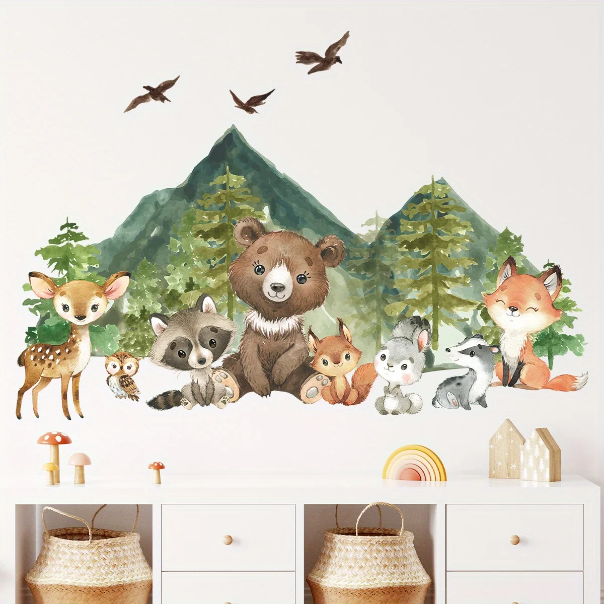 Cartoon Cute Bear Deer Fox Smiling Face Tree  Animal Wall Stickers for Bedroom Living Room Gift Nursery Decoration Wall Decals