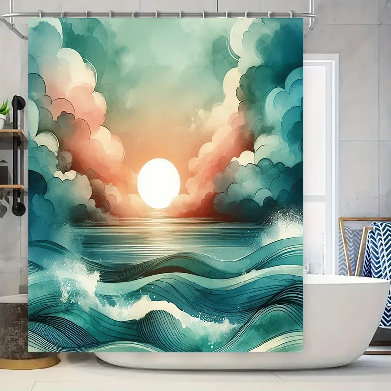 

Sunset Waves Shower Curtain Watercolor Sunburst Pattern for Bathroom Decor Modern Artistic Print Fabric Shower Curtain Waterproo