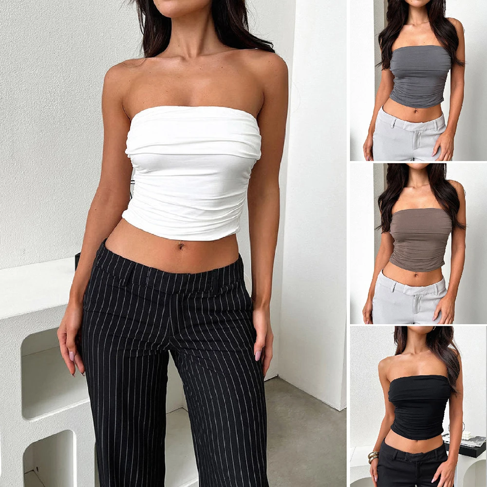 Stylish Pleated Slim Tube Top Soft Breathable Comfortable Clothes For Women Daily Wear Sexy Sleeveless Vest Summer Streetwear