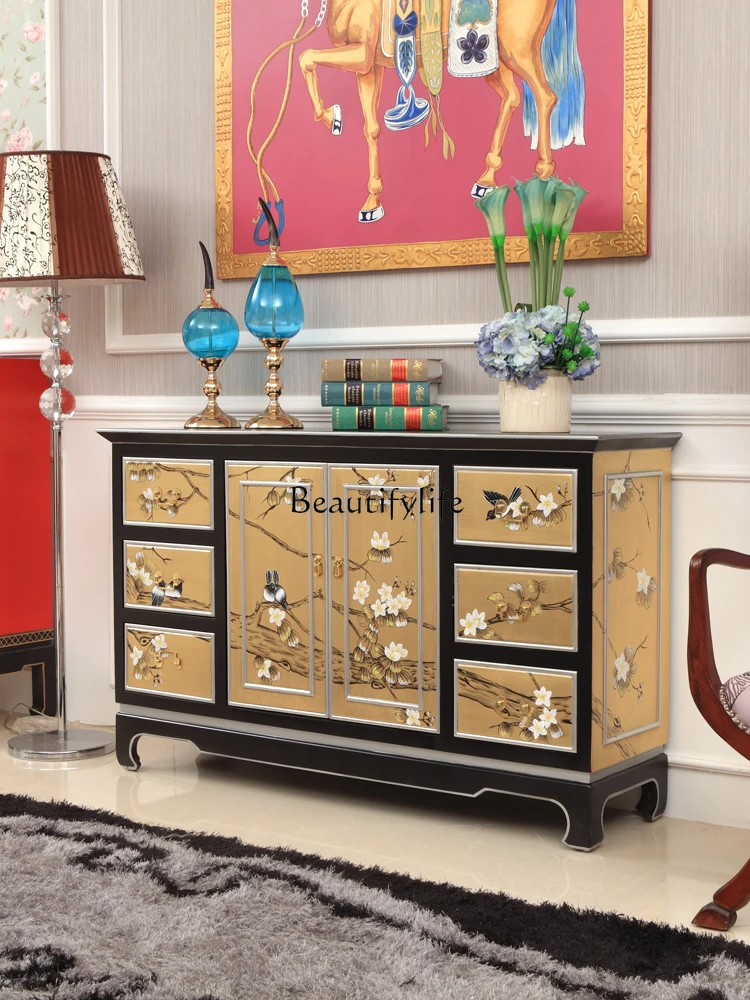 Chinese Style Living Room Solid Wood Gold Foil Hand Drawn Flowers and Birds High-Grade Curio Cabinet Wall Furniture