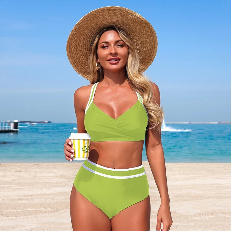 Damen-Bikini-Set mit hoher Taille, Twist-Front und überkreuztem Rücken, zweiteiliger Badeanzug, Retro-Badeanzug mit Bauchkontrolle, Sommer-Strand-Bademode – Detail 15