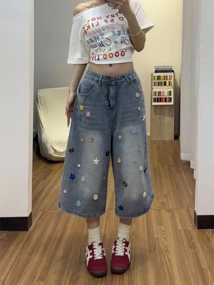 

American Style Dopaamine Colored Button Seven-Quarter Denim Pants Women's Loose Straight Leg Wide Leg Mid-Pants Six-Piece Pants