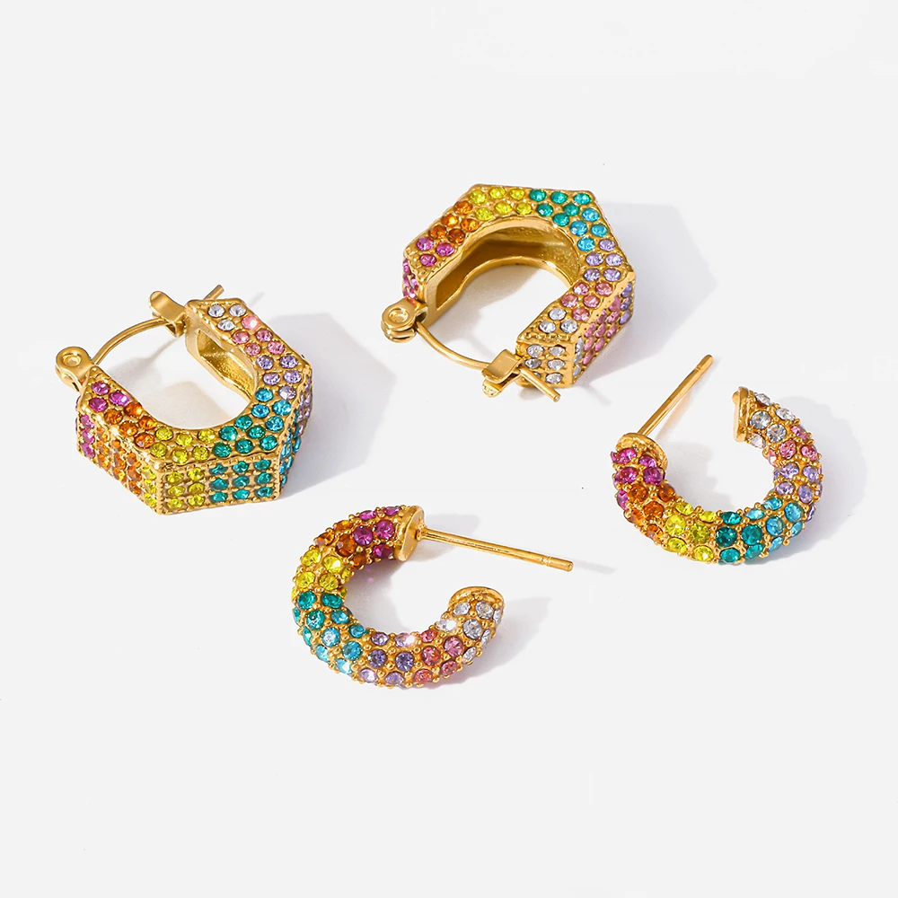 

18K Gold Plated Hexagon C-Shape Rhinestone Hoop Earrings Colorful Stainless Steel Cuff Earrings Statement Jewelry for Women Gift