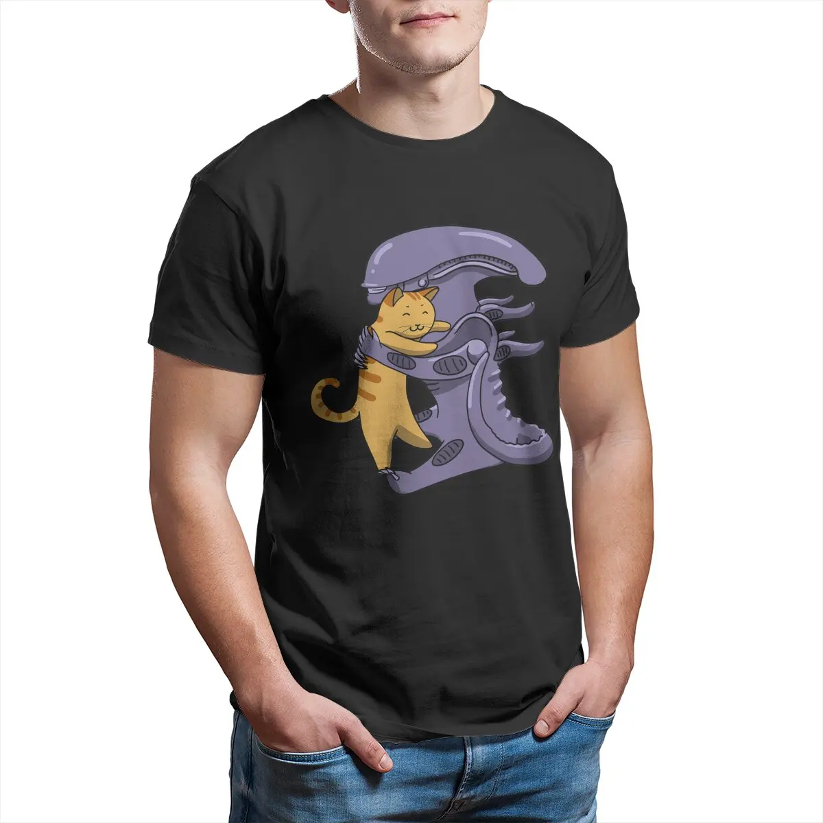 Alien Hugs Cat xenomorph ripley face hugger Cute T-Shirt for Men Novelty  100% cotton Printed t-shirt Big Size mens clothes