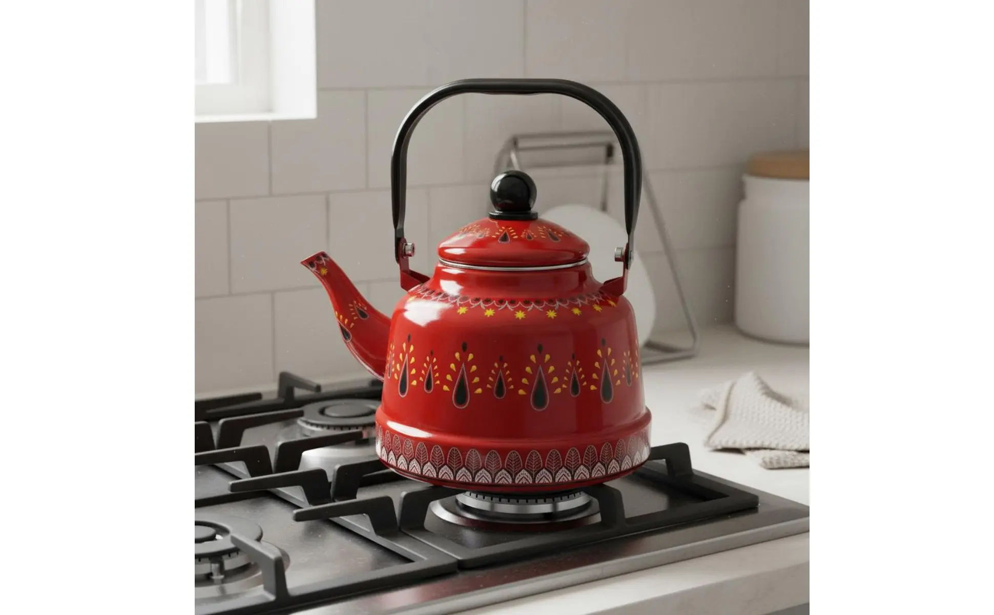 Enamel Stovetop Kettle Easy to Clean Vintage Dome Shaped Water Kettle Patterned Enamel Teapot