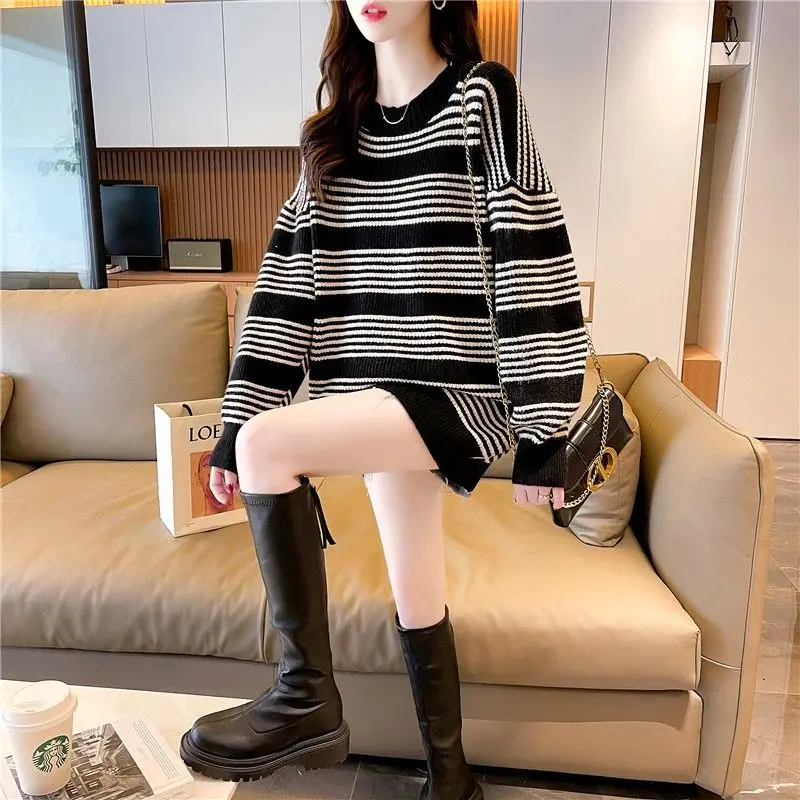 Autumn Winter Loose All-match Striped Knitted Pullovers Women's Clothing Fashion Casual Long Sleeve Korean Knitted Pullovers