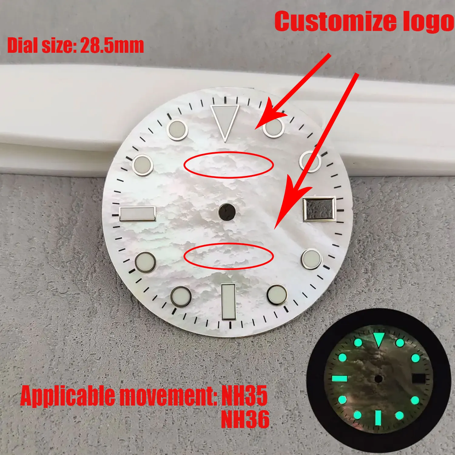 28.5mm watch dial C3 green luminous suitable for NH35 nh34 nh70 NH72 movement mounting parts suitable for 36mm 39mm 40mm case as