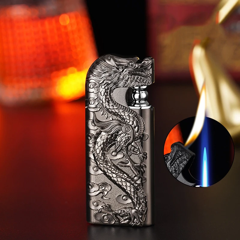 Wholesale of new dual flame direct conversion open flame inflatable lighters with metal three-dimensional relief dragon men\'s li