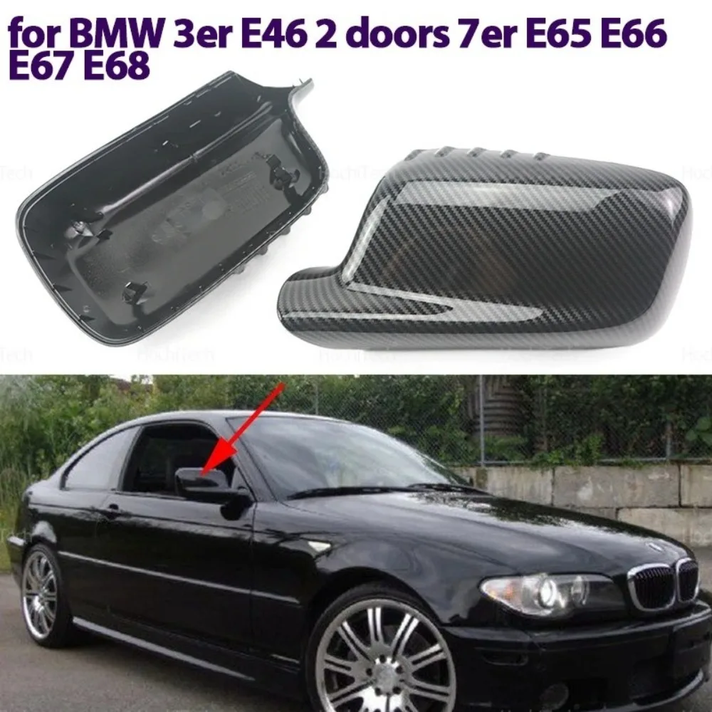 2PCS Car Side Door Rearview Side Balck Carbon Mirror Cover Caps for BMW 3 Series E46 2 Doors 7 Series E65 E66 E67 E68 2001-2008