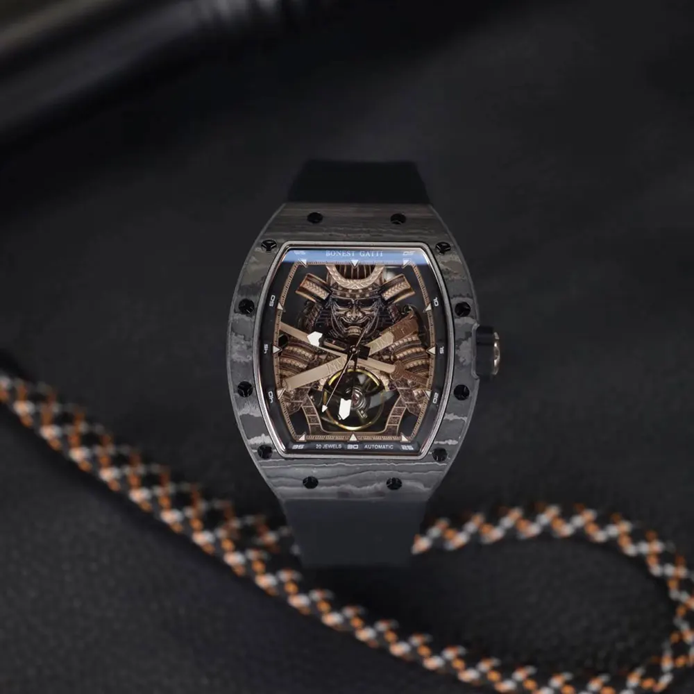 BONEST GATTI Корпус из углеродного волокна Мужские наручные часы с автоматическим механизмом Скелет Воин Механические часы с сапфировым стеклом для мужчин 2025