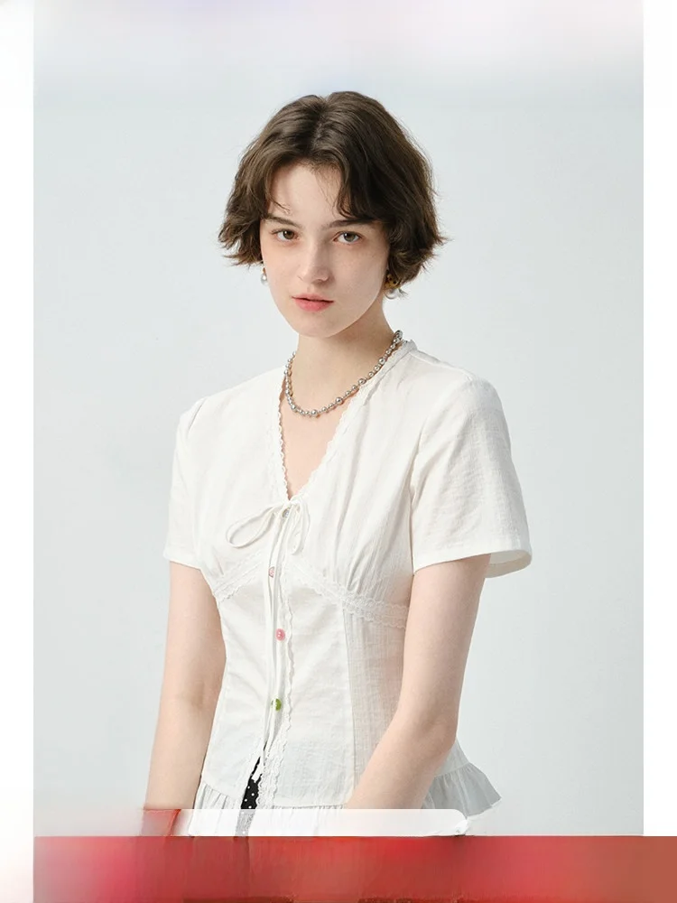 

Женская летняя блузка больших размеров с V-образным вырезом, кружевом и узлом, приталенная, с регулярными рукавами, для повседневной носки