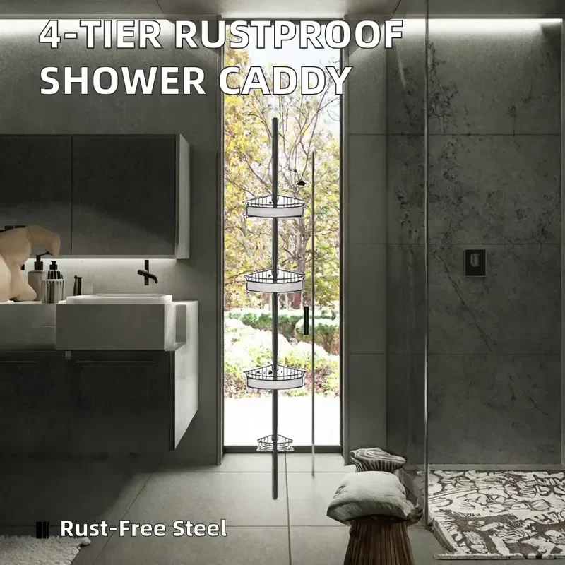Rust Proof Stainless Steel Shower Corner Rack 4 Tier Large Capacity Storage Shelf Non Punching Tie Rod Type Modern Bathroom