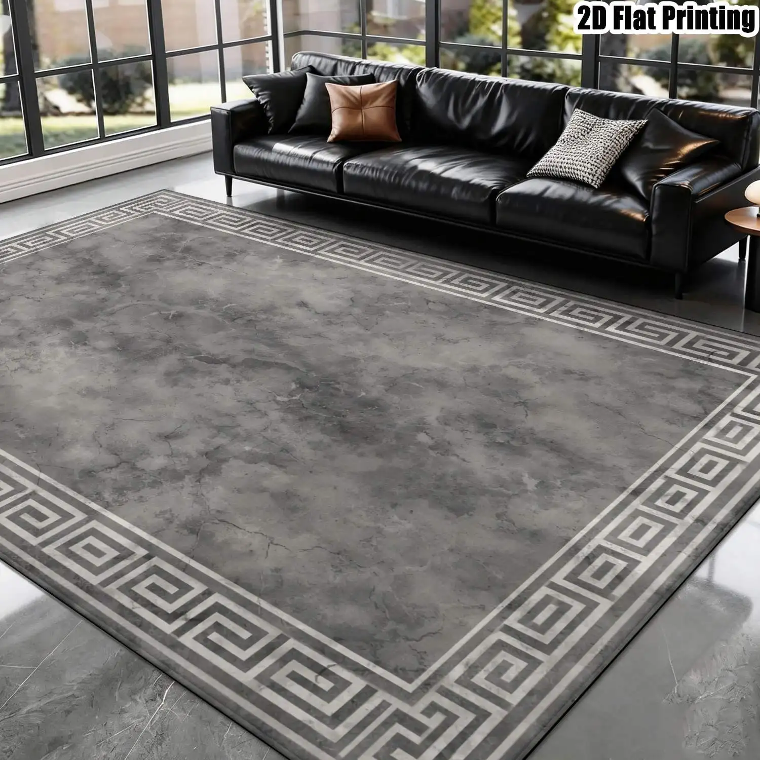1Pc 2D Printed Gray-Toned Patterned Border Carpet: European, Modern Minimalist, Vintage Geometric Line Style, Home Decor, Multi-Size, Machine Washable, for Entrance, Dining Room, Foyer, Bedroom, Living Room
