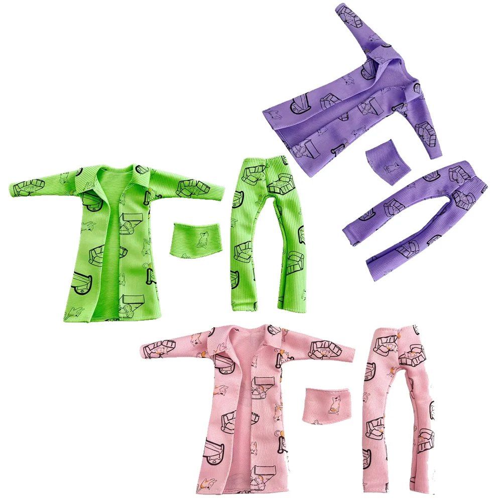 3-teiliges, lässiges, modisches Nachtwäsche-Set mit Katzenmuster für 30 cm große Mädchenpuppen, süßes DIY-Anziehspielzeug-Set mit bauchfreiem Oberteil, langer Hose, Jacke, Heimkleidung